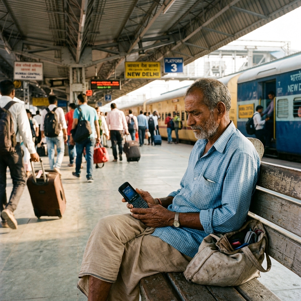 Elderly traveller sitting calmly at a railway station in morning light