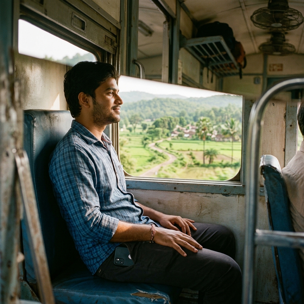 Traveller looking peacefully out of a train window, phone in pocket, not checking