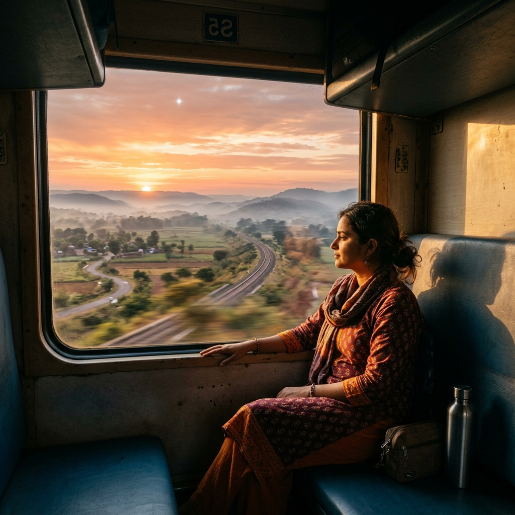 A traveller gazing peacefully out of a train window at sunrise with a constant guide star above