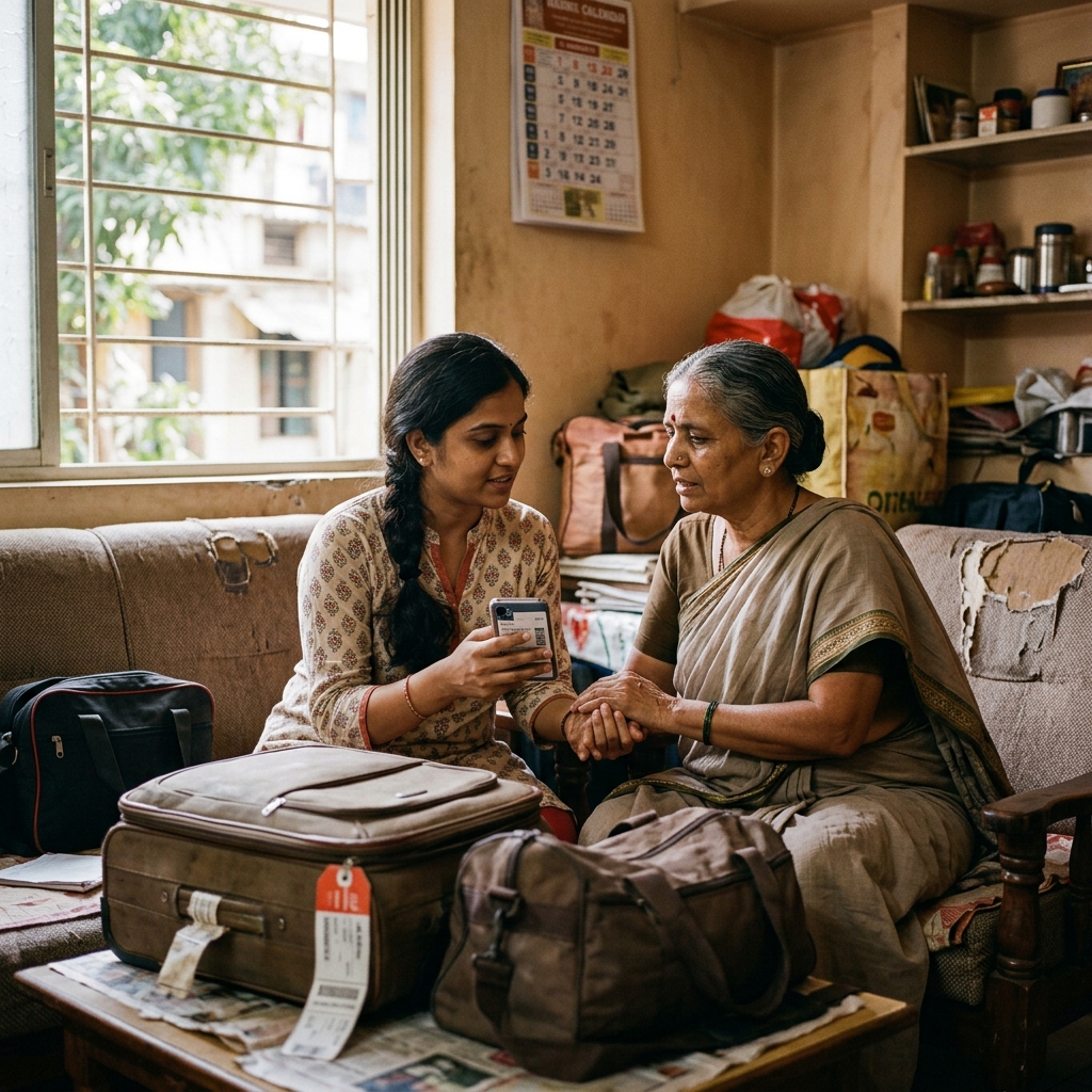 Adult daughter helping elderly mother prepare to travel