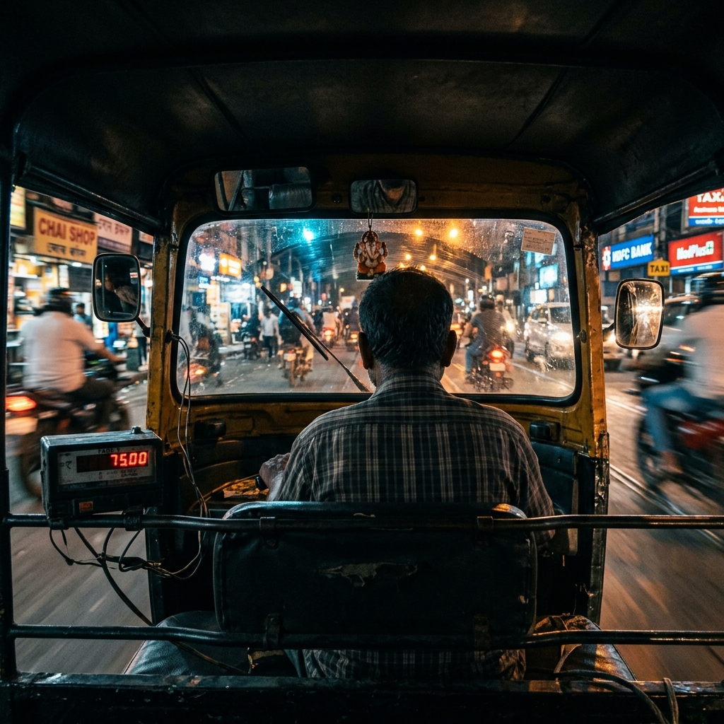 Night cab interior, city lights blurring past