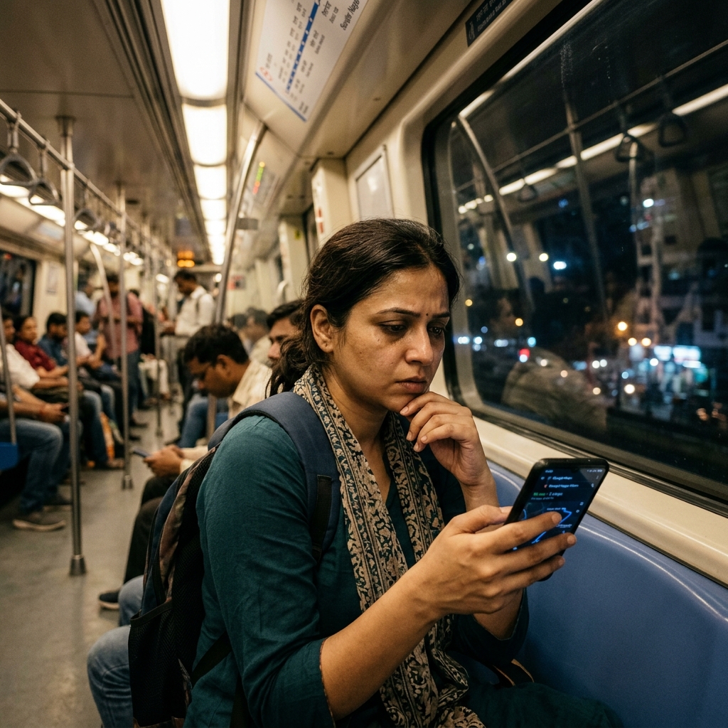 Commuter checking Maps on phone repeatedly during a journey