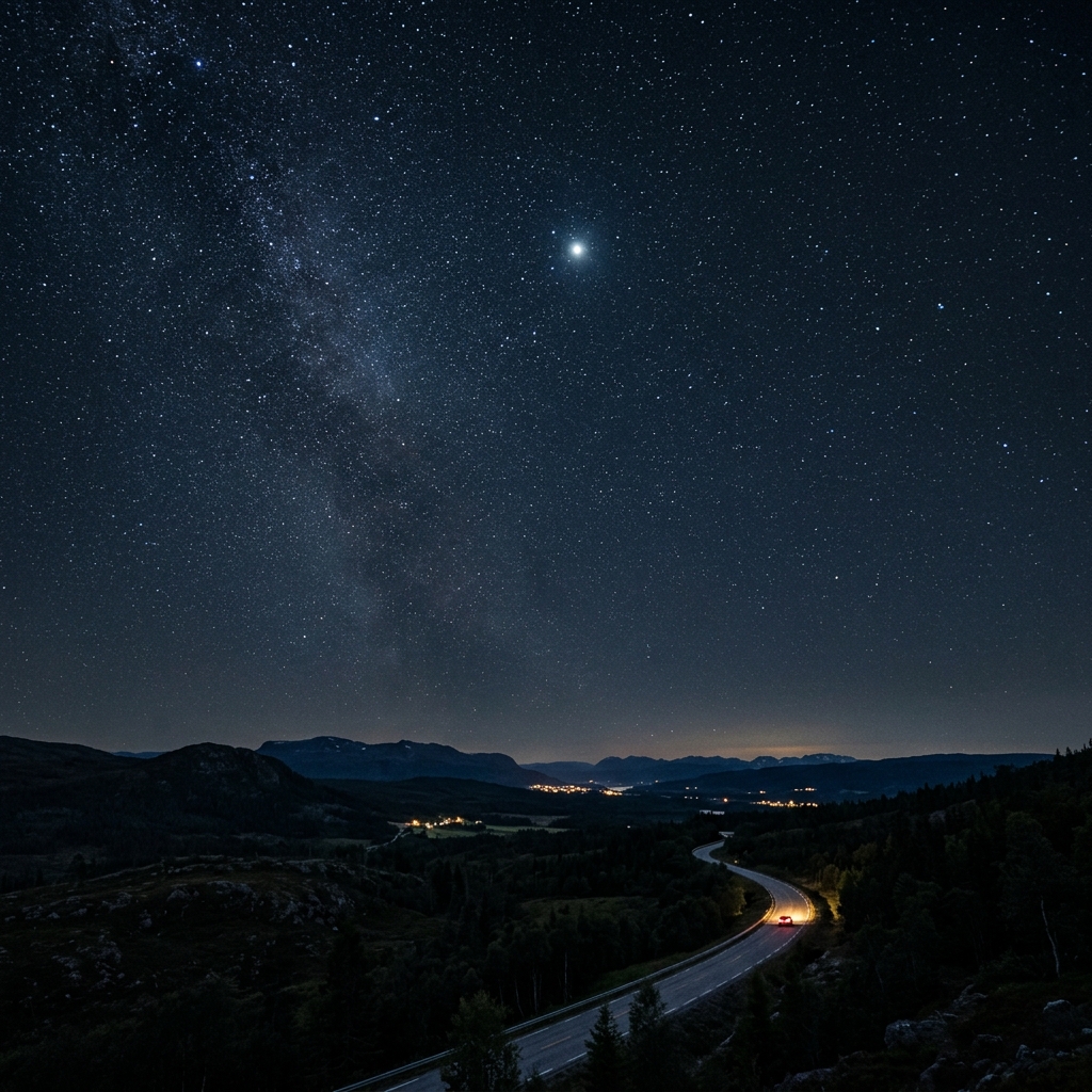 Night sky with stable north star, journey traces along the horizon below